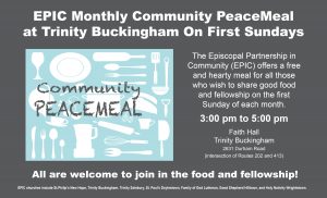 EPIC First Sunday PeaceMeal For All on First Sunday Afternoons — Next Peacemeal is Sunday, December 2nd EPIC First Sunday PeaceMeal For All on First Sunday Afternoons — Next Peacemeal is Sunday, December 2nd
